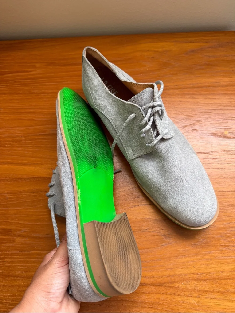 JD Fisk 11027 Men’s Light Gray Suede Shoes – Vibrant Green Sole - Size 12